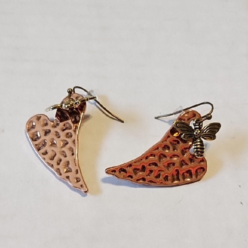 Heart-Shaped Copper Earrings with Bee Charm